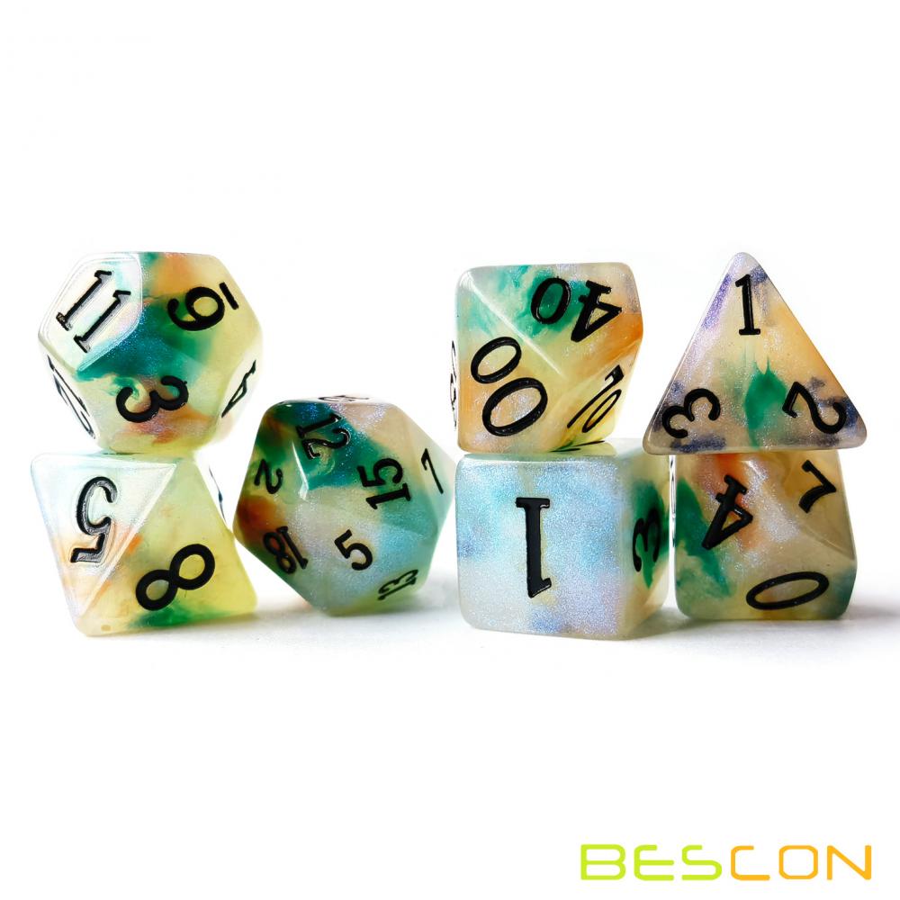 Тестирование Bescon Magical Stone Dice Set Set Series, 7pcs Полиатральные RPG -каменные кости набор