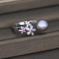 Bague de perles d&#39;eau douce de 8-9MM avec trois fleurs