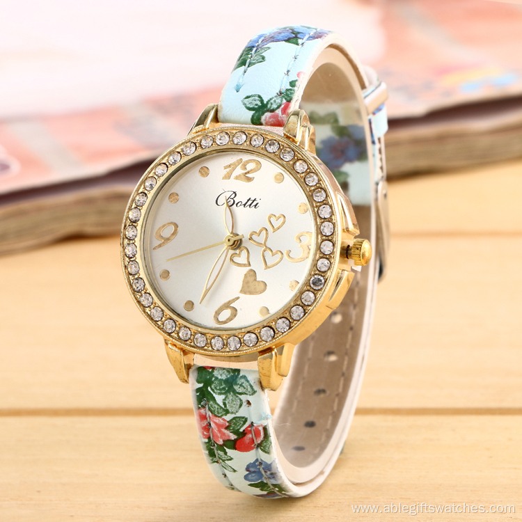 Printing Leather Rhinestone Watch for Women