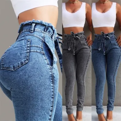 High Quality Raw Edge Denim Lace-up Mid Waisted Skinny Jeans for Women