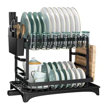 Black 2-Tier Space-Saving Dish Drying Rack with Utensil and Cup Holder