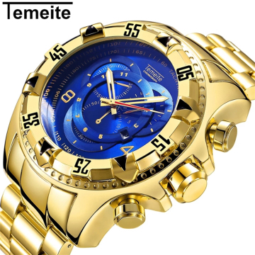 Dress Popular Gold Watch Men's Luxury Stainless Steel Quartz Wristwatch with Date Function
