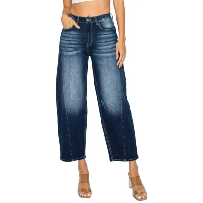 Women Casual Dark Blue Cropped Jeans Stretch Denim Pants