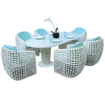Outdoor White PE Rattan Dining Table Set with 6 Chairs