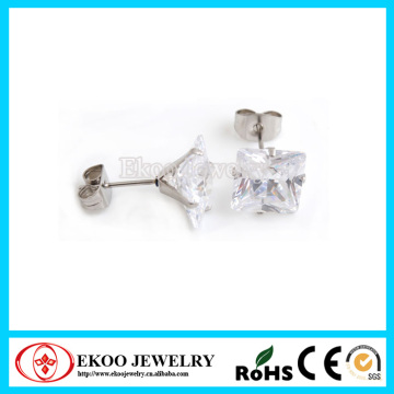 316L Surgical Steel Princess Cut Square CZ Pronged Set Earring Stud
