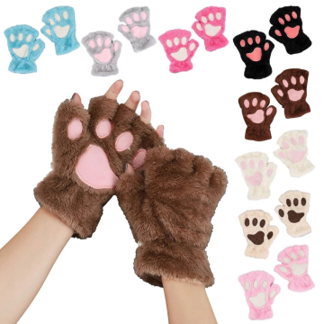 Women's Cartoon Cat Claw Style Thickened Plush Bear Paw Half Finger Gloves