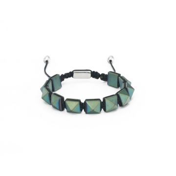 Promotion Hematite Gemstone Matte Green Plated Stainless Steel Woven Bead Bracelet