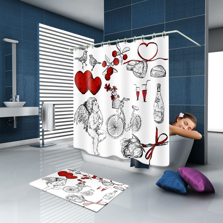 Hot sale new design print polyester hookless shower curtain rings