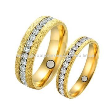 CZ Stone Wedding and Engagement Magnetic Rings with IP Gold Plating, Good for Health