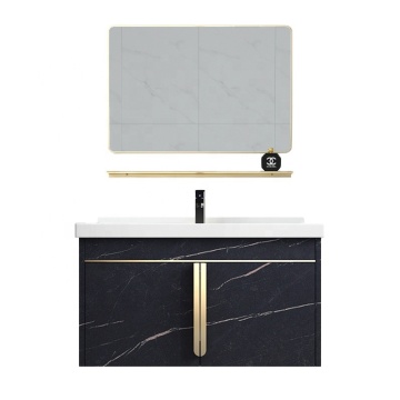 Armoire de salle de bain noire en acier inoxydable moderne de luxe avec miroir et bassin