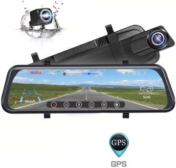 QSF Mirror Dash Cam: 10-inch Touch Screen with 1296P Front and 1080P Rear View Camera Dual-Lens and G-Sensor Technology