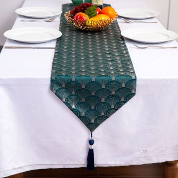 Ready-to-Ship Satin Green Table Runners with Jacquard Design and Macrame Edging