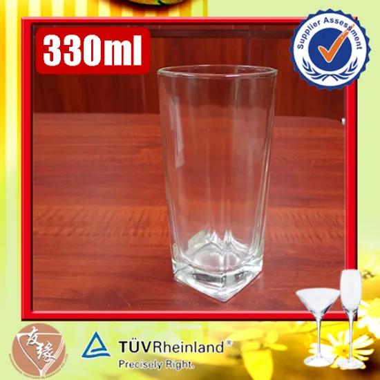 China cheap drinkware 330ml round top square bottom glass cup drinking