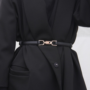 Womens Adjustable Thin Leather Skinny Belt with Vintage Gold Buckle