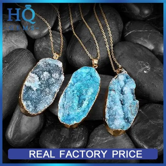 Natural brazil rough blue druzy quartz stone pendant gold necklace