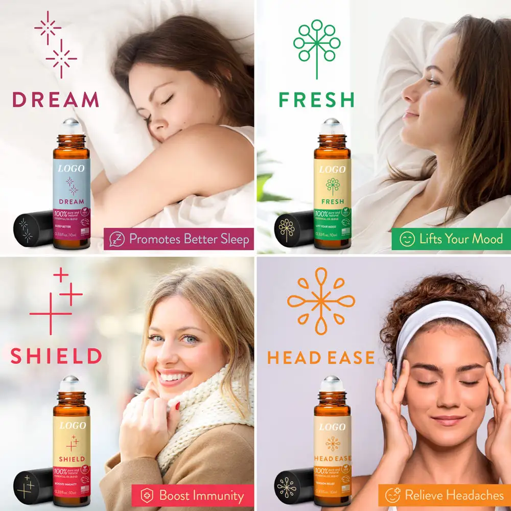 Private Label 100% Pure And Natural Set Of 4 Roll-On Essential Oil Blends For Sleep Mood Immunity And Headaches