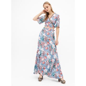 Blue printed boho casual skirt suit