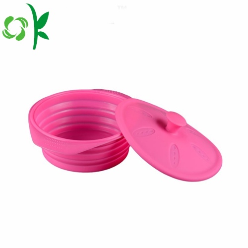 Tigela dobrável cor-de-rosa do animal de estimação do silicone da Cão-bacia com tampa