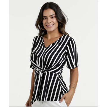 Blusa de manga larga con cuello en V y rayas para mujer