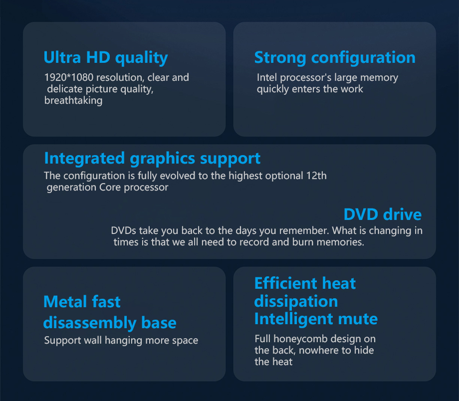 Ultra HD quality 1920*1080 resolution, clear anddelicate picture quality,breathtaking Strong configurationIntel processor's large memoryquickly enters the work Integrated graphics supportThe configuration is fully evolved to the highest optional 12thgener