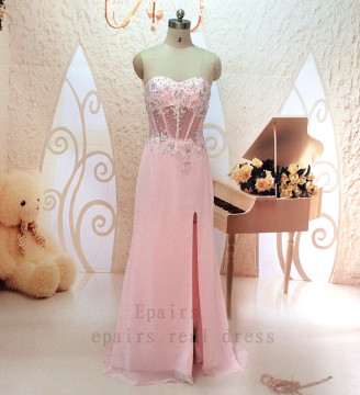Real Pink Lace Beaded Top See Through Waist Side Slit Chiffon Long Sexy Formal Prom Party Dress