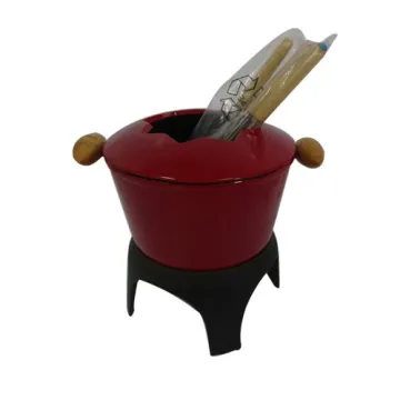 Red Enameled Chocolate Cheese Cast Iron Fondue Pot Set