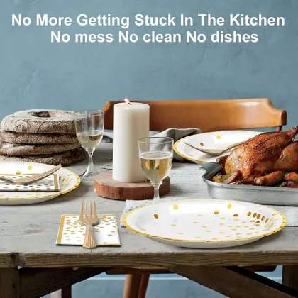 White Gold Paper Tableware Set - Dessert Plates, Napkins and Plastic Forks