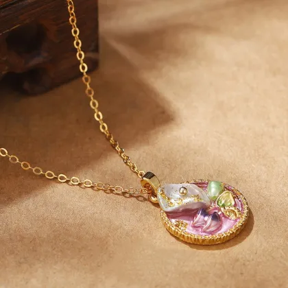 Vintage Oil Painting Clavicle Chain Necklace Gold Plated Pearls Flower Pendant