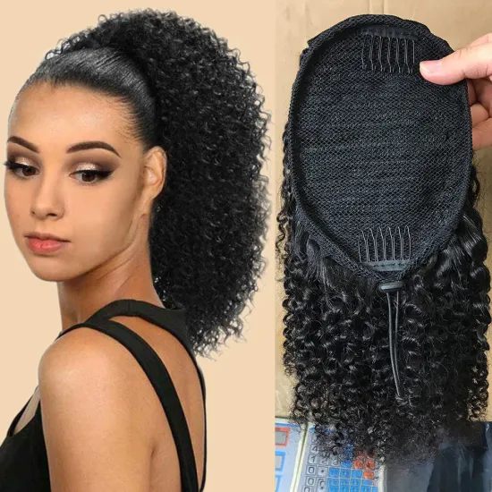 Wholesale 100% remy drawstring ponytail human hair, afro puff curly hair drawstring ponytail, afro kinky hair ponytail