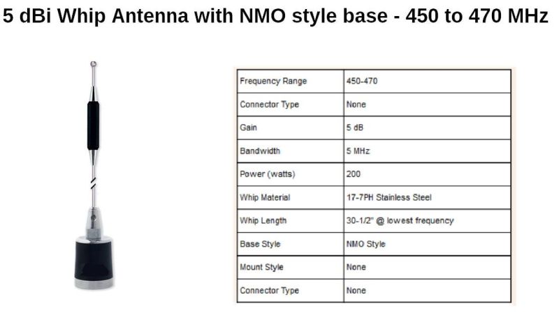 Tc-U55n1a Land Mobile Base Nmo Antenna UHF 450-470MHz, 5.5dbd Gain, Stainless Steel Tapered Whip