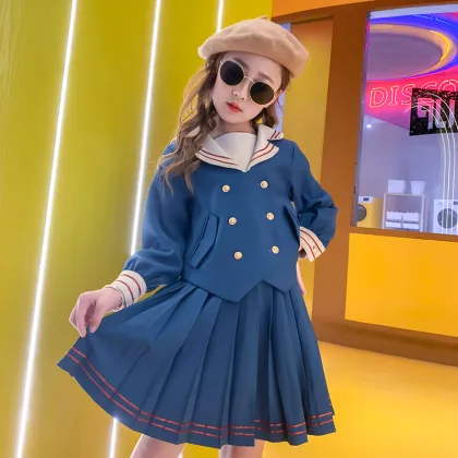 Autumn lapel long-sleeved shirt girls clothing suit blue pleated skirt girls 2 piece clothing sets