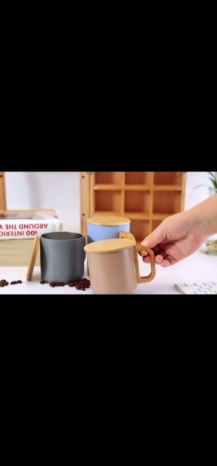 Stainless Steel Mug with Wooden Handle and Lid