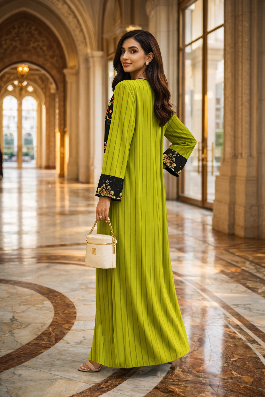 lime green embroidered abaya back styling view