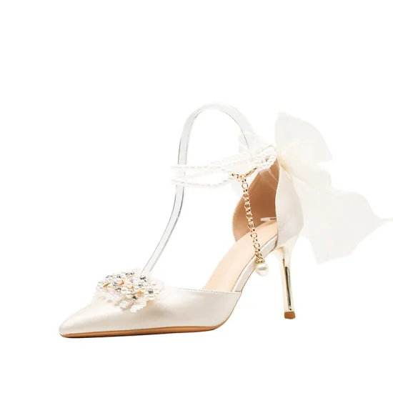 Wedding and Party Heels: Pointed, Thin Heel Bride's Shoes, Hollow Design, Large Size 43, Pearl Decorated for Bridesmaids and Women