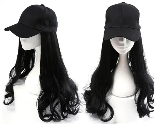 Human Hair Long Wave Hair Extension With Hat , Attached Baseball Cap Wavy Hair Extensions For Women