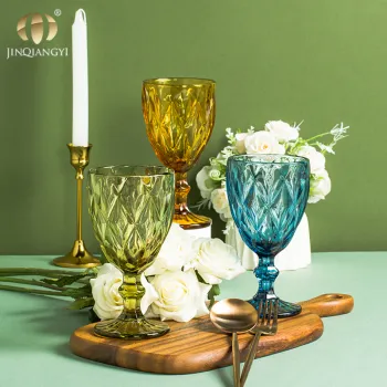 Lead-Free Glass Champagne Goblet - Transparent Red Green Blue Diamond Embossed Vintage Wine Glass