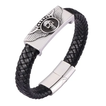 Black Rope Silver Scorpion Stainless Cross Magnetic Clasp Leather Bracelet