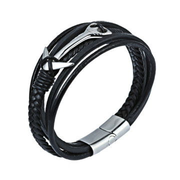 Fashion Handmade Silver Steel Magnetic Buckle Leather Cuff Bracelet for Women and Men
