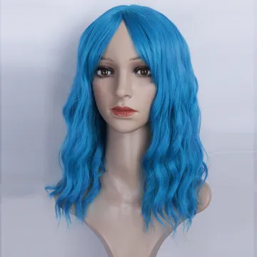 wholesale Natural Synthetic Wavy Bob Wig with Bangs Natural Blue Wig Synthetic Hair Shoulder Length Short Curly Wigs for Women