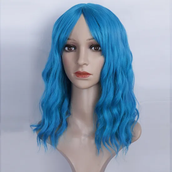 wholesale Natural Synthetic Wavy Bob Wig with Bangs Natural Blue Wig Synthetic Hair Shoulder Length Short Curly Wigs for Women