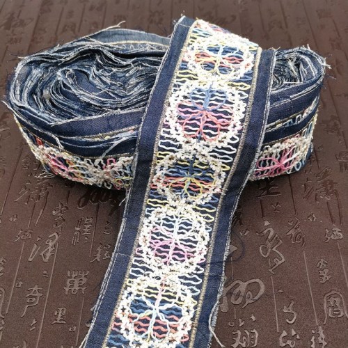 1 Yard Embroidery Denim Fabric Sequins Lace Sewing Trimming Ribbon Ethnic Tribal Boho Gypsy DIY