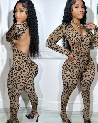 Wholesale 2024 Skinny Playsuits Leopard Print Jumpsuits S-2XL