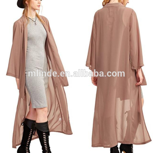 Women's Solid Long Sleeve Open Asymmetrical Slit Side Maxi Chiffon Long Cardigan Wholesale China Factory
