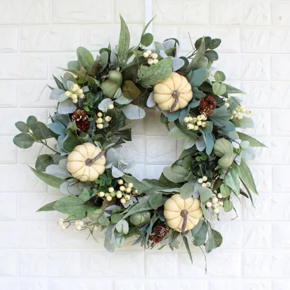 Wholesale Autumn Fall Decor: White Pumpkin Wreaths for Outdoor Home Decoration