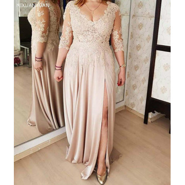 Plus Size 2021 Mother of The Bride Dresses A-line V-neck 3/4 Sleeves Chiffon Appliques Long Groom Mother Dresses for Weddings