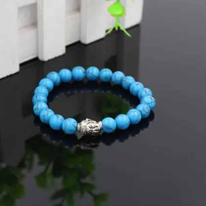 hot selling wholesale blue turquoise natural stone beaded bracelet,buddha head charm elastic bead bracelet jewelry RB2269