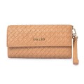 Yellow Weaved Cowhide Leather Female Long Clutch Wallet