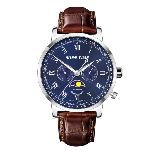 stainless steel back soft genuine leather strap quartz watch