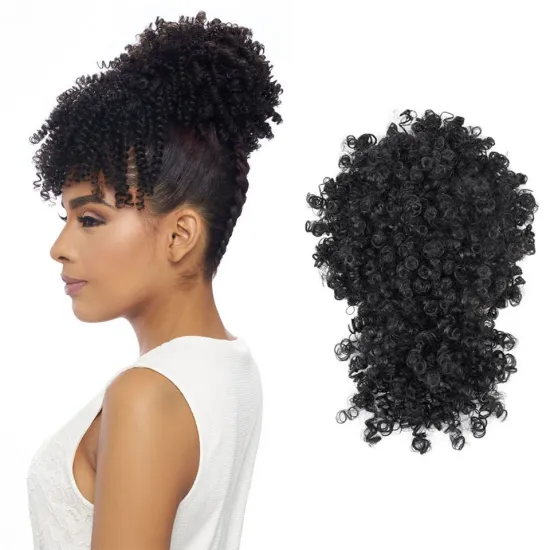 Soft Brown Black Afro Kinky Curly Chignon Bun With Bangs Short Drawstring Ponytail Puff Hair Pieces Synthetic Hair Extensions
