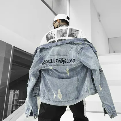 Loose blue letter embroidery men denim jacket cotton torn designer denim jacket